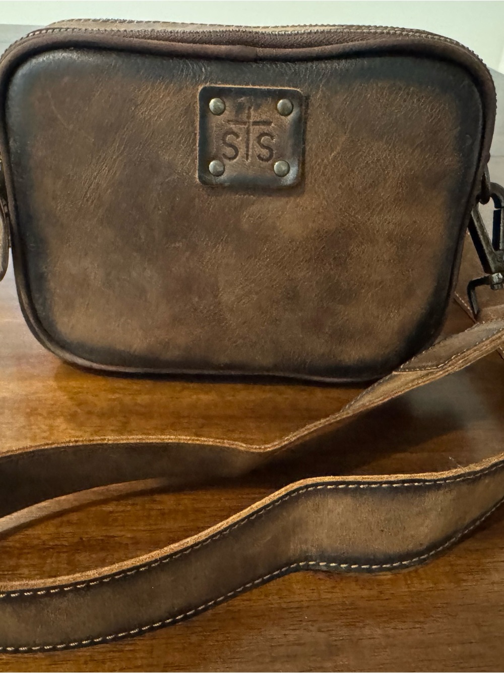 STS Ranchwear Distressed Brown Leather Crossbody Bag "Your Life Is Your Message”